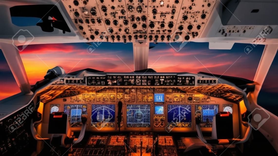 Samolot kokpitu Flight Deck w zachodzie słońca