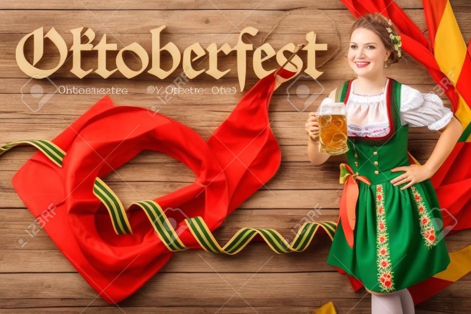 message "Oktoberfest - Sep 21. - Oct 06. 2019" in German beautiful woman in a traditional bavarian dirndl in front of wooden background