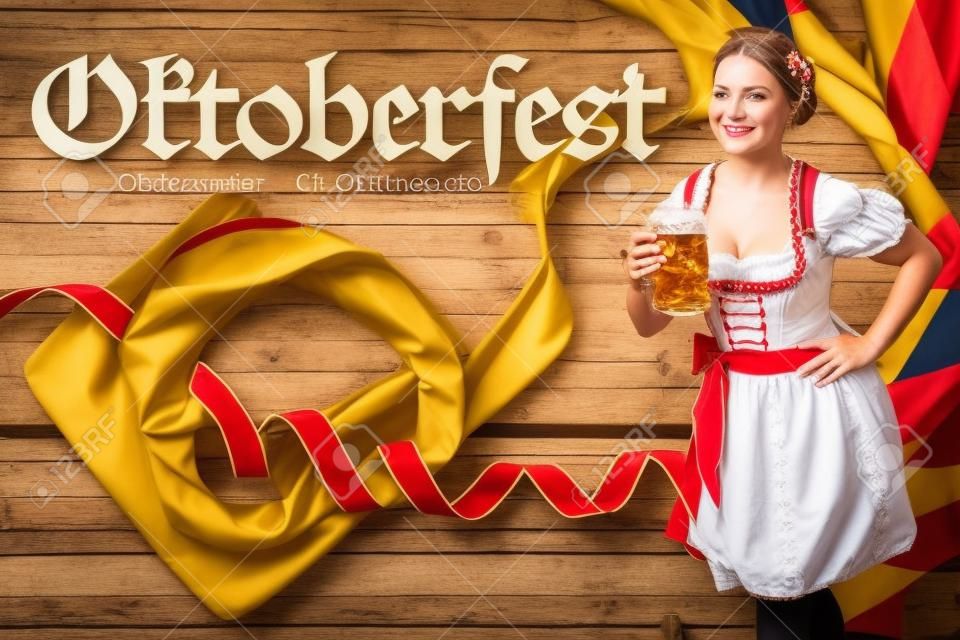 message "Oktoberfest - Sep 21. - Oct 06. 2019" in German beautiful woman in a traditional bavarian dirndl in front of wooden background