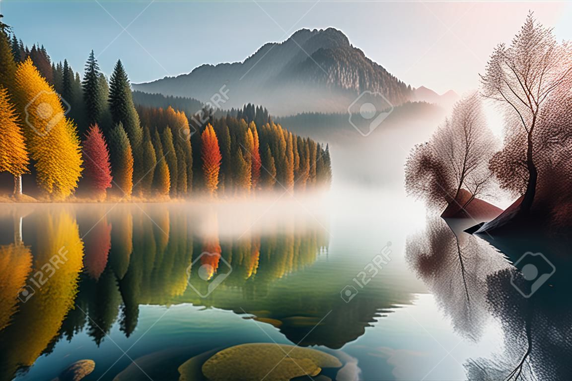 Colorful Misty Morning Autumn Scene Overlooking The Calm Lake, Reflecting The Forest Trees, Mountains, And The Cloudy Sky - Generative AI