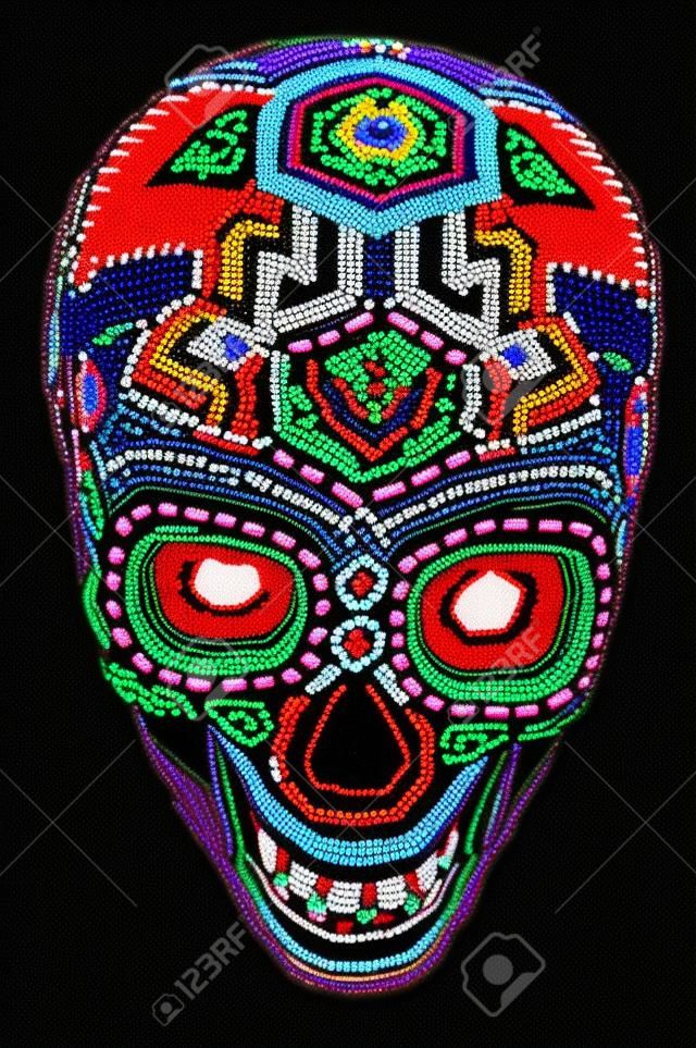 Colorful Skull perles de l'art traditionnel mexicain huichol perle, symbole de la fête des morts, isolé sur noir