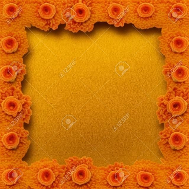 Cempasuchil flower frame. Tagetes Erecta, Mexican flower of the day of the dead.