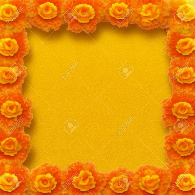 Cempasuchil flower frame. Tagetes Erecta, Mexican flower of the day of the dead.