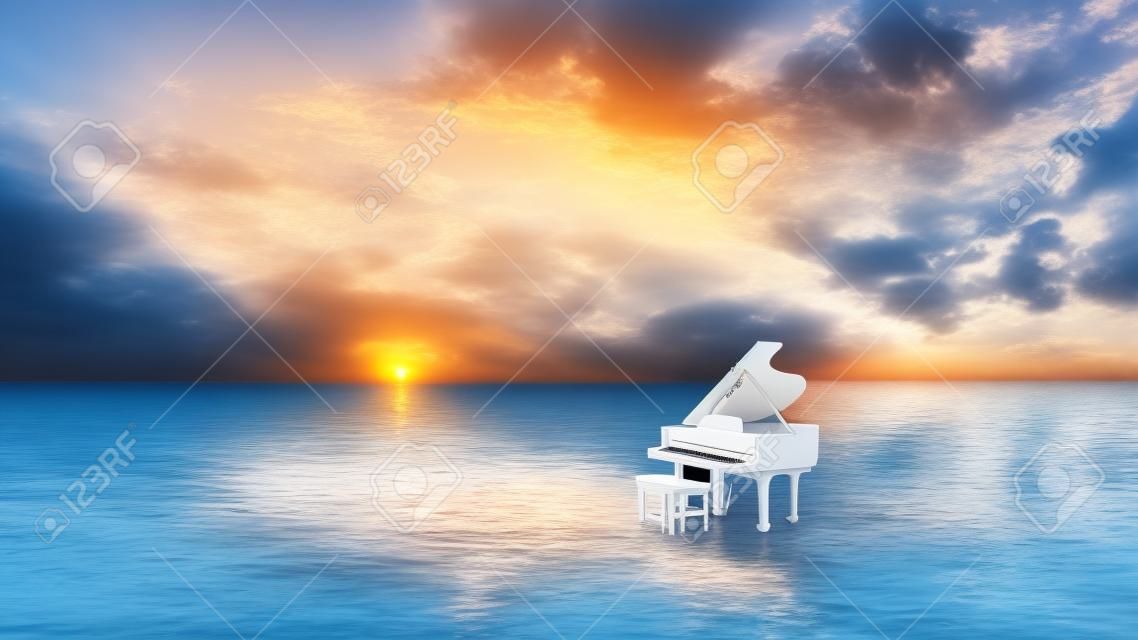 해질녘 물 위에 하얀 피아노가 있는 초현실적인 바다 장면. 3d 그림입니다.