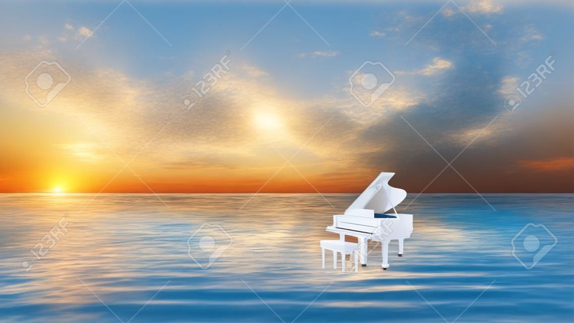 Surreal sea scene with white piano on the water at sunset. 3d illustration.