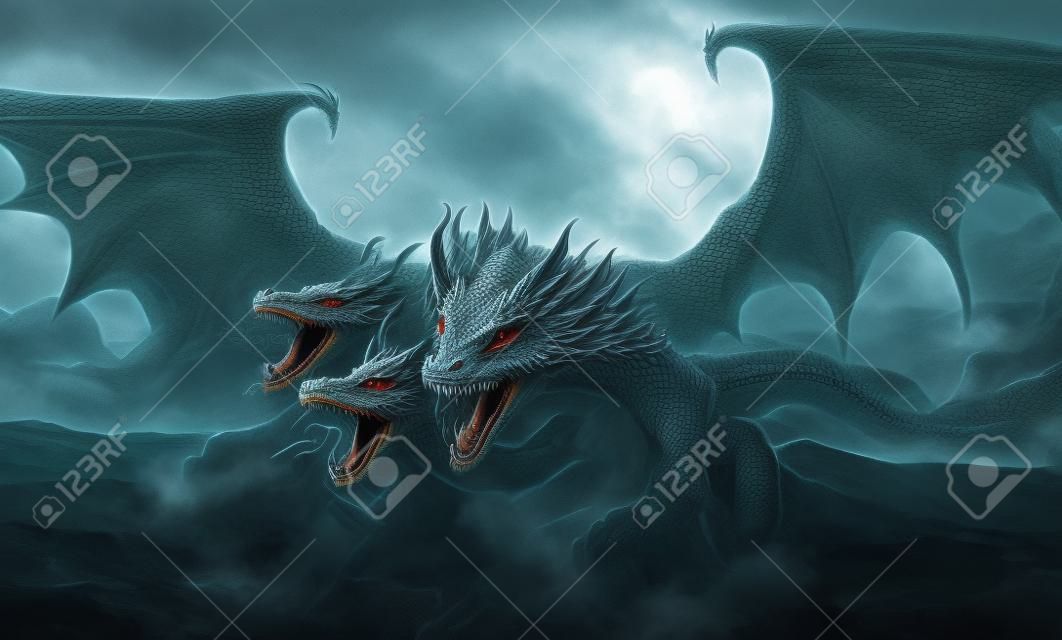 Ilustração de três cabeças de dragão