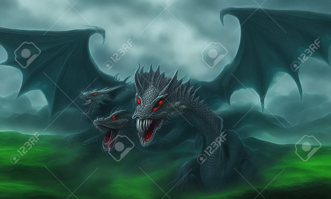 Ilustração de três cabeças de dragão
