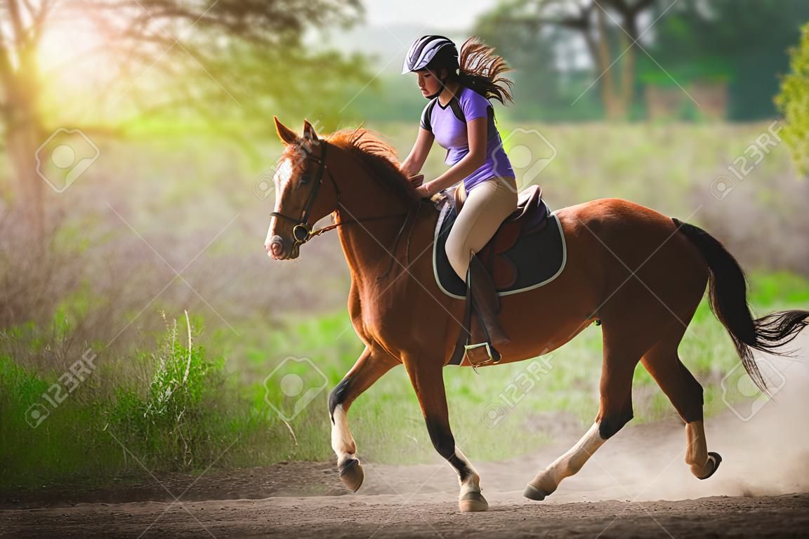 Young pretty girl - in sella a un cavallo con retroilluminazione lascia in primavera