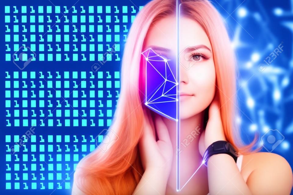 Biometric verification. young woman. The concept of a new technology of face recognition on polygonal grid.
