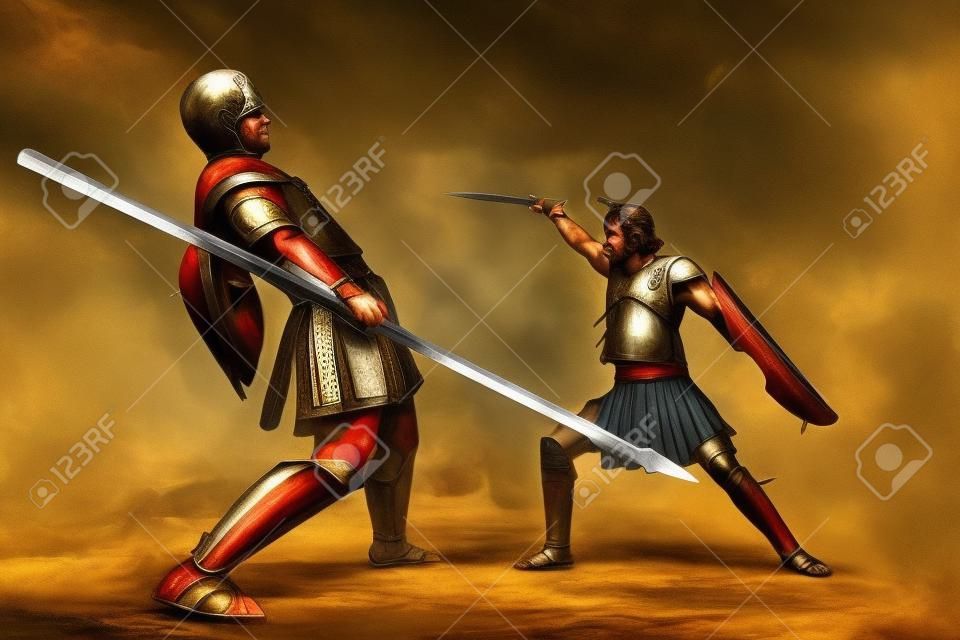 고대 그리스 전사 아킬레스와 헥토르가 전투에서 싸우다.