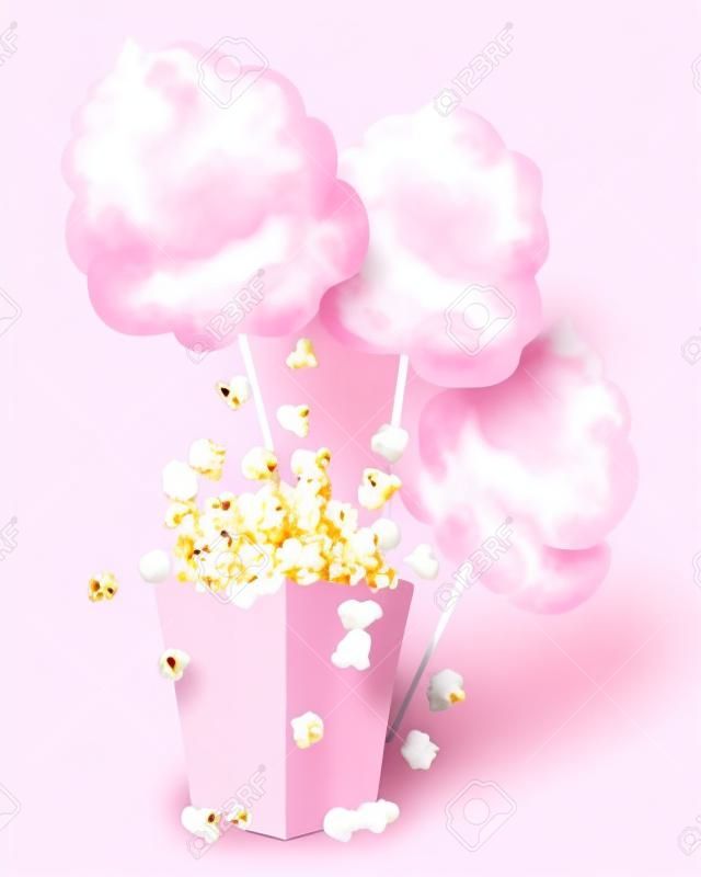 Иллюстрация сладких закусок сахарной ваты и попкорна в розовом коробке на белом фоне