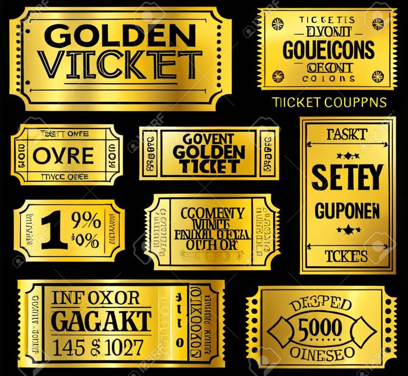 一套11黃金向量門票和優惠券模板矢量文件組織在層分離的質地和文字圖形元素