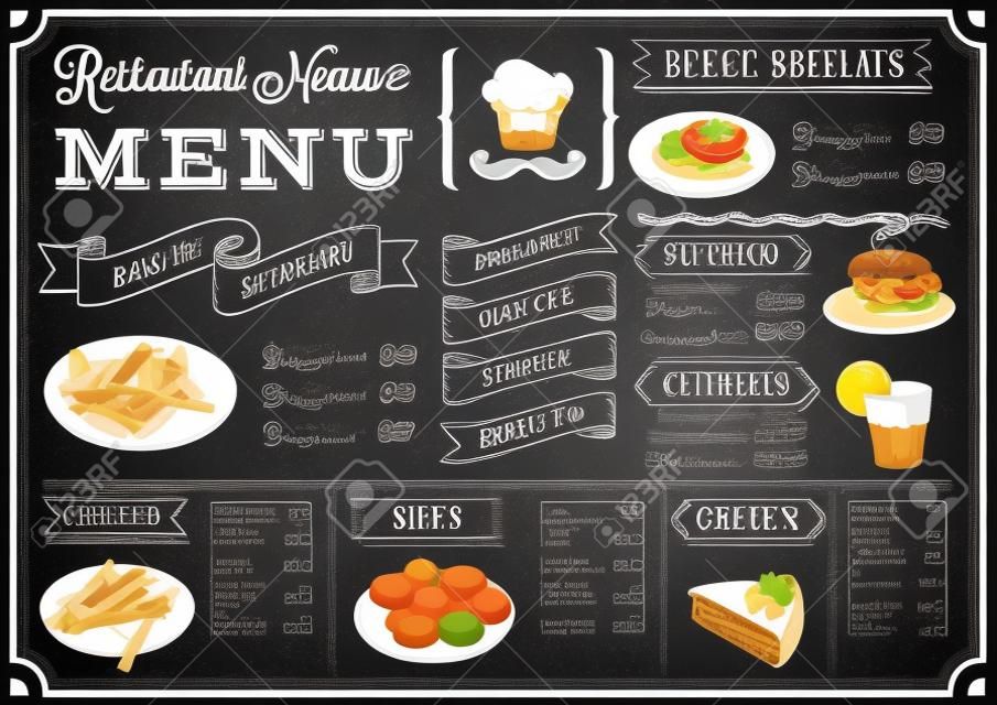 Een volledig vector template Chalkboard menu voor restaurant en snack bars met grunge elementen