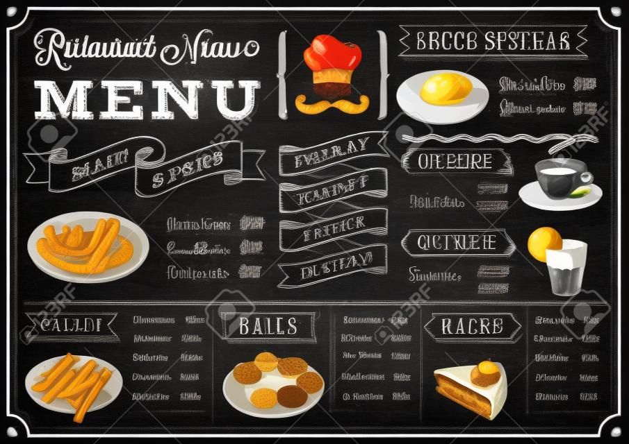 A full template Chalkboard menu for restaurant and snack bars with grunge elements. File is organized with layers for ease of use.