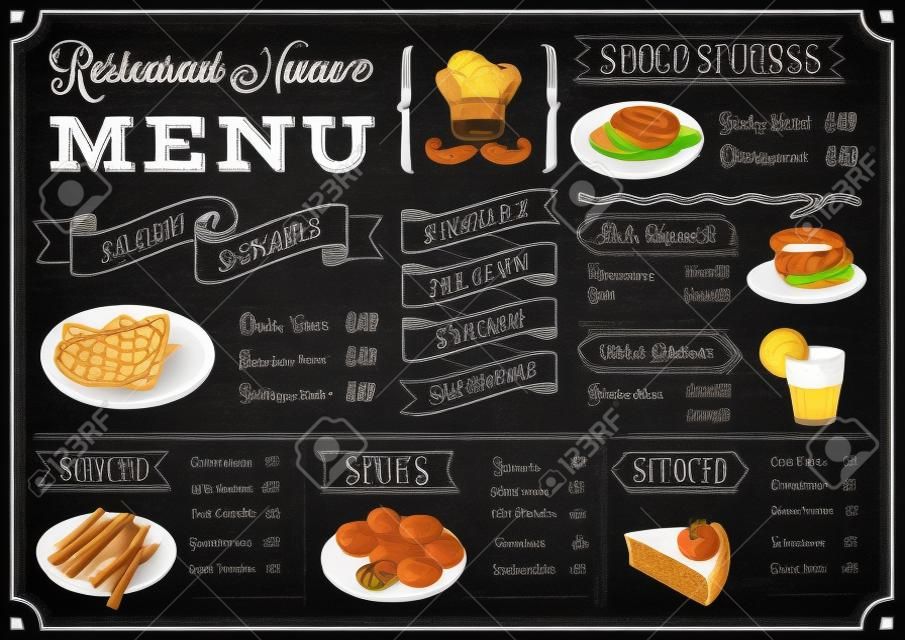 A full template Chalkboard menu for restaurant and snack bars with grunge elements. File is organized with layers for ease of use.