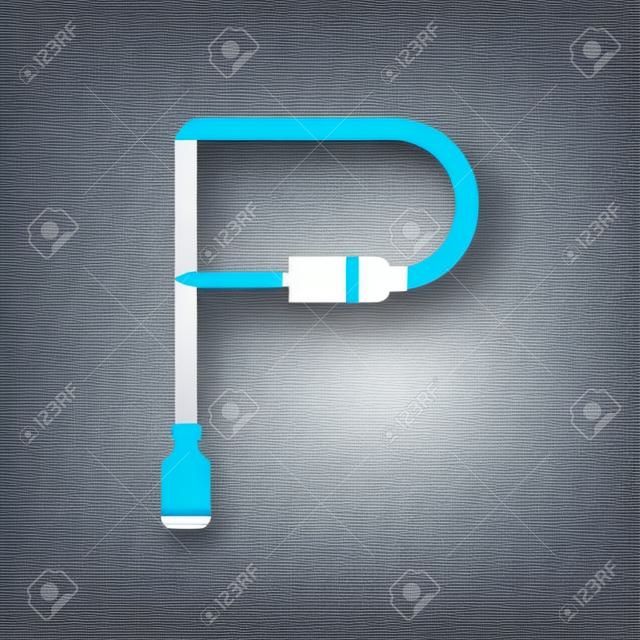 Alphabet P letter  formed by jack cable or wire. Vector design template elements for your audio, sound or music application or corporate identity. Sign or symbol illustration isolated on white background