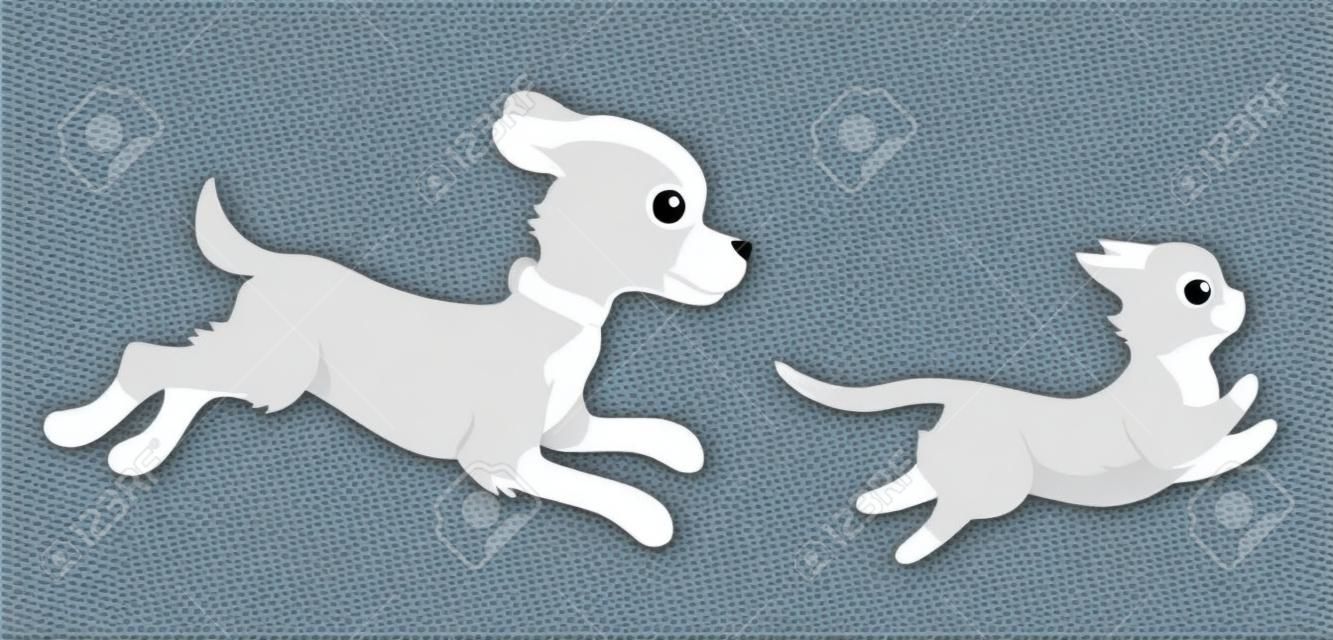 Gatto che corre dal cane. Illustrazione di stile piano isolato su priorità bassa bianca. Grafica vettoriale modificabile in EPS 8.