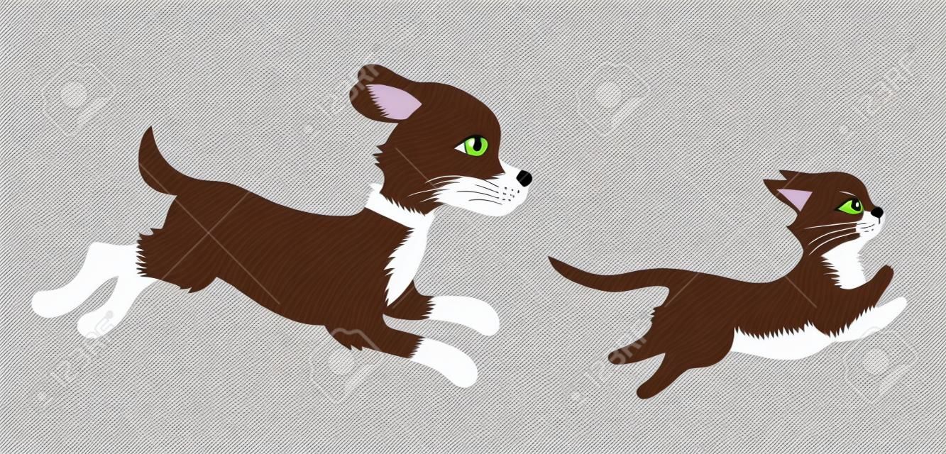 Cat running from dog. Flat style isolated illustration on white background. Editable vector graphics in EPS 8.