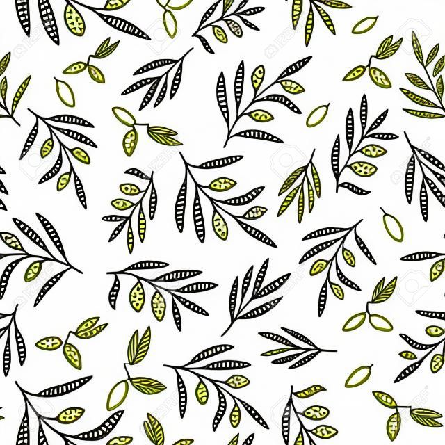 Seamless olive branch pattern. Hand drawn vector illustration