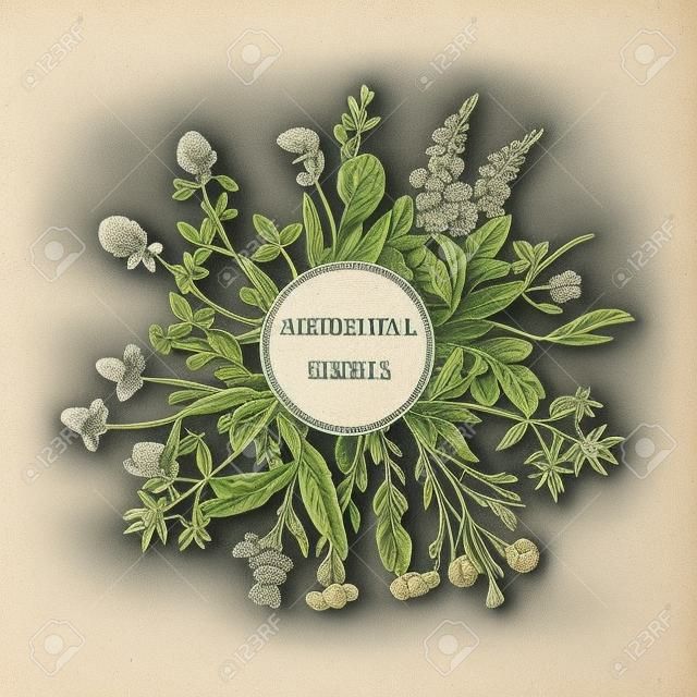 Vintage gyűjteménye gyógynövények. Kézzel rajzolt illusztráció botanikai