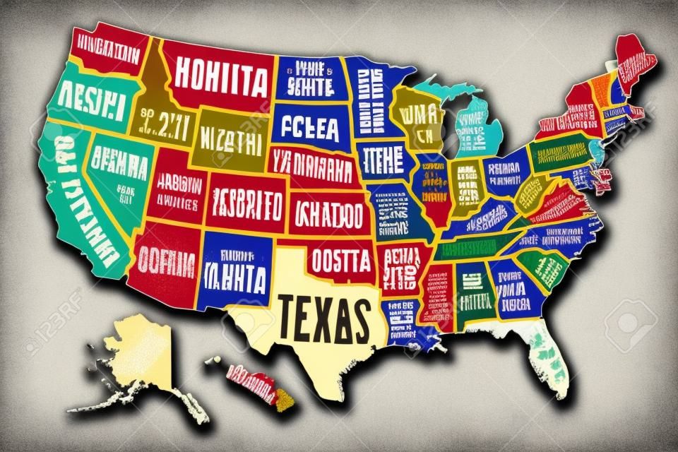 美國的國家名稱的海報地圖。打印美國地圖的T卹，海報或地理主題。手繪五顏六色的地圖與州。矢量圖