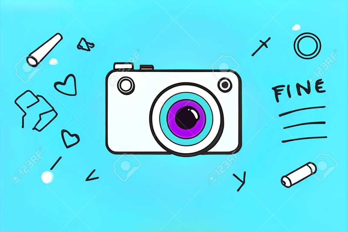 Icon of photo camera. Photo camera isolated on a blue mint background and explosive memphis graphic element and text Creative, Idea, Like. Vector Illustration