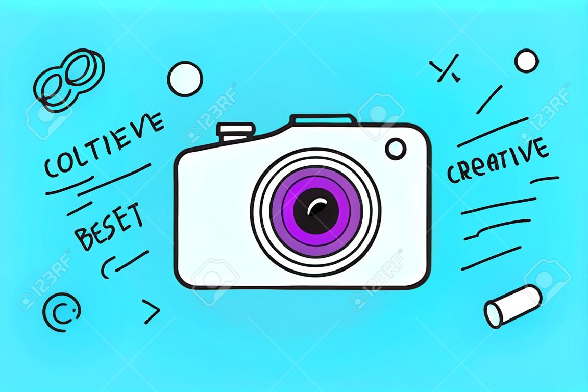 Icon of photo camera. Photo camera isolated on a blue mint background and explosive memphis graphic element and text Creative, Idea, Like. Vector Illustration