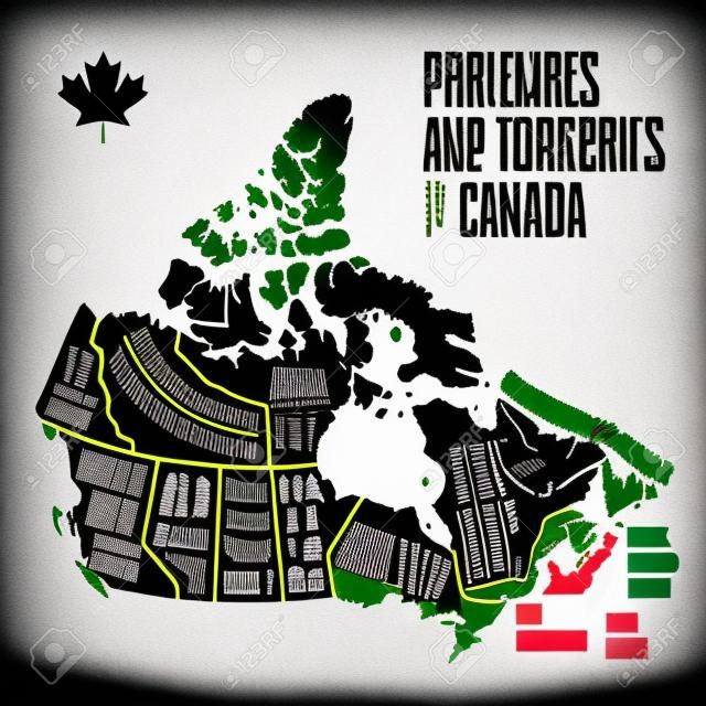 Mapa Kanady. plakatowa mapa prowincji i terytoriów Kanady. czarno-biała mapa Kanady z nadrukiem na koszulkę, plakat lub motywy geograficzne. ręcznie rysowana czarna mapa z prowincjami. ilustracja wektorowa