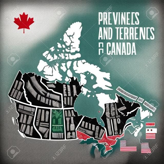 지도 캐나다. 캐나다의 지방과 영토의 포스터 지도. 티셔츠, 포스터 또는 지리적 주제에 대한 캐나다의 흑백 인쇄 지도. 지방이 있는 손으로 그린 검은색 지도. 벡터 일러스트 레이 션
