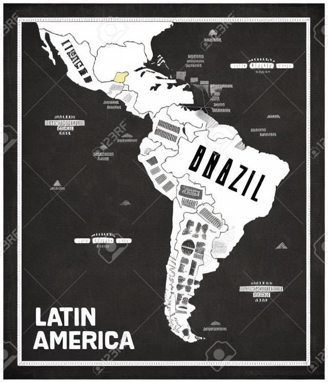 地図ラテンアメリカ。ラテンアメリカのポスター地図。Tシャツ、ポスター、または地理的テーマのためのラテンアメリカの白黒印刷地図。国と手描きのグラフィックマップ。ベクトルの図