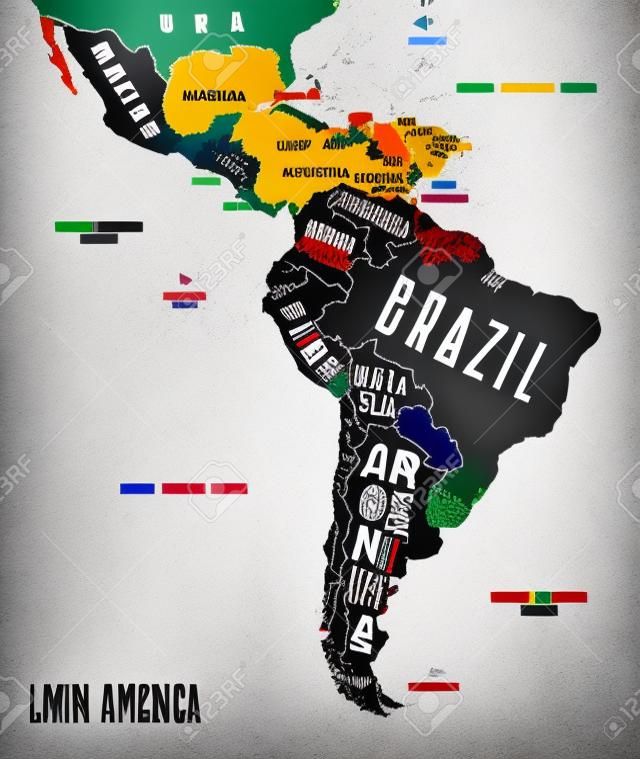 Karte Lateinamerika. Plakatkarte von Lateinamerika. Schwarz-Weiß-Druckkarte von Lateinamerika für T-Shirts, Poster oder geografische Themen. Handgezeichnete grafische Karte mit Ländern. Vektorillustration