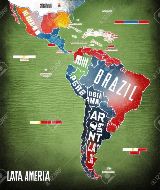 지도 라틴 아메리카. 라틴 아메리카의 포스터 지도입니다. 티셔츠, 포스터 또는 지리적 주제에 대한 라틴 아메리카의 흑백 인쇄 지도. 국가와 손으로 그린 그래픽 지도입니다. 벡터 일러스트 레이 션