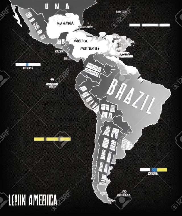 Mapa de América Latina. Póster mapa de América Latina. Mapa impreso en blanco y negro de América Latina para camisetas, carteles o temas geográficos. Mapa gráfico dibujado a mano con países. Ilustración vectorial