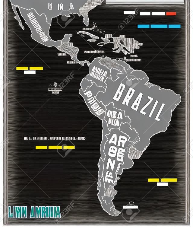 지도 라틴 아메리카. 라틴 아메리카의 포스터 지도입니다. 티셔츠, 포스터 또는 지리적 주제에 대한 라틴 아메리카의 흑백 인쇄 지도. 국가와 손으로 그린 그래픽 지도입니다. 벡터 일러스트 레이 션