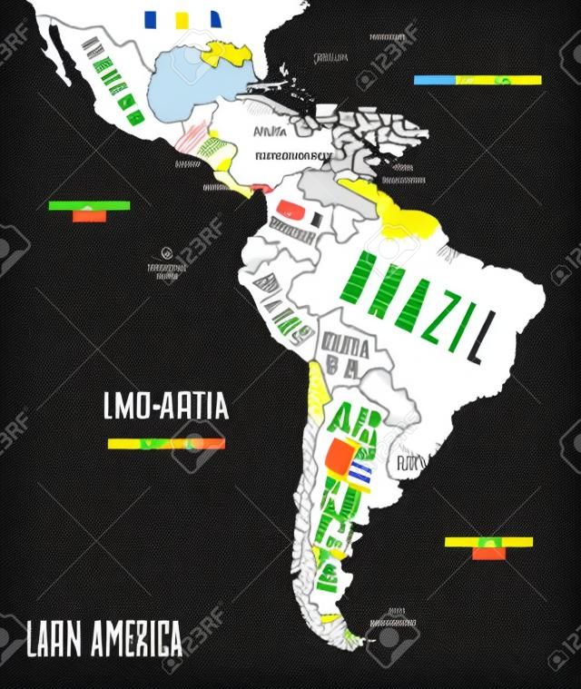 Mapa Ameryki Łacińskiej. plakatowa mapa ameryki łacińskiej. czarno-biała drukowana mapa ameryki łacińskiej na koszulkę, plakat lub motywy geograficzne. ręcznie rysowana mapa graficzna z krajami. ilustracja wektorowa