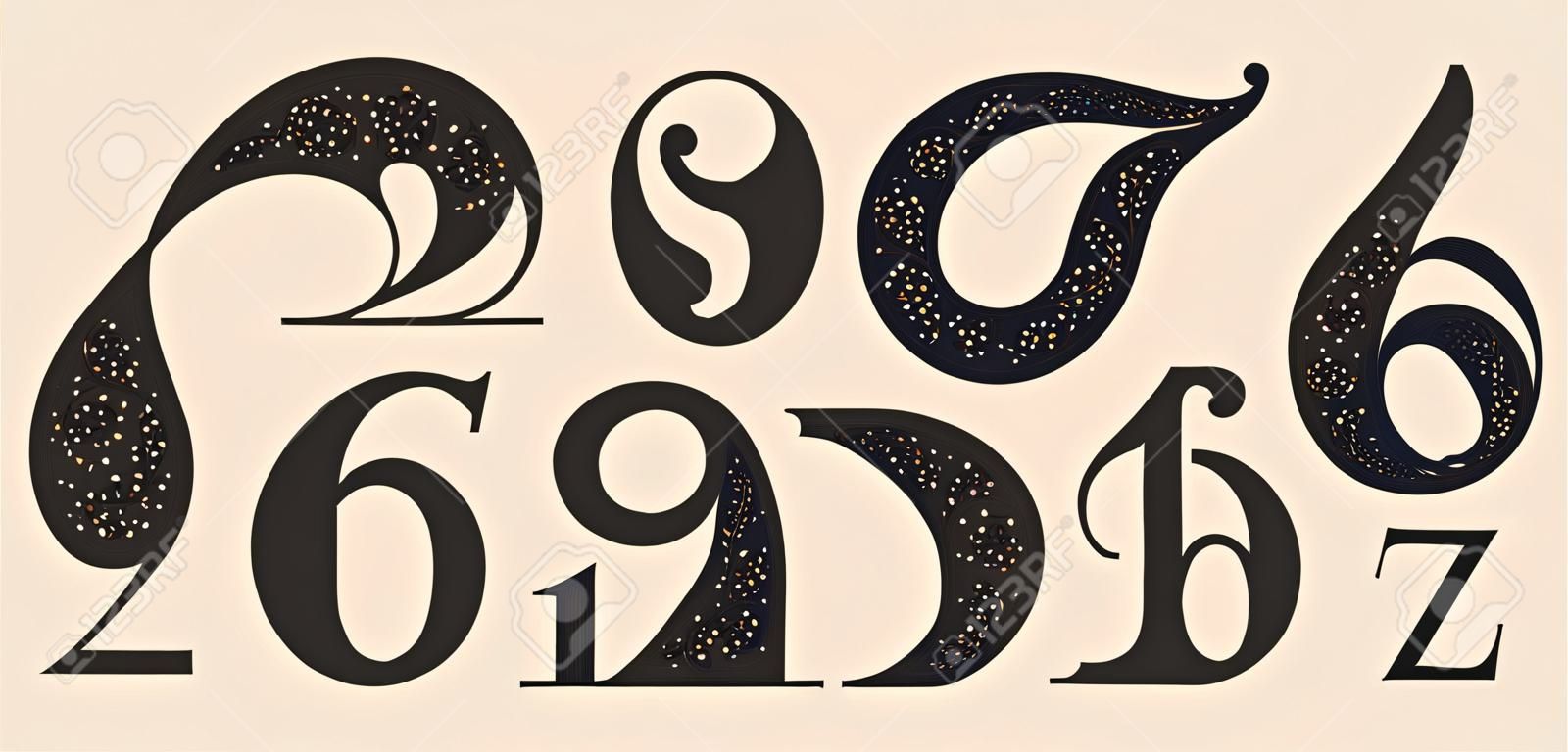 숫자 글꼴입니다. 현대적인 기하학적 디자인과 질감을 가진 고전적인 프랑스 디도트 또는 디돈 스타일의 숫자 글꼴. 잡지에 대한 빈티지 및 구식 복고풍 인쇄술. 벡터 일러스트 레이 션