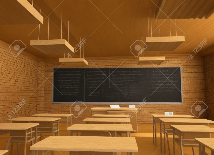 Rendu 3D d'une salle de classe classique, avec des formules mathématiques dans le noir