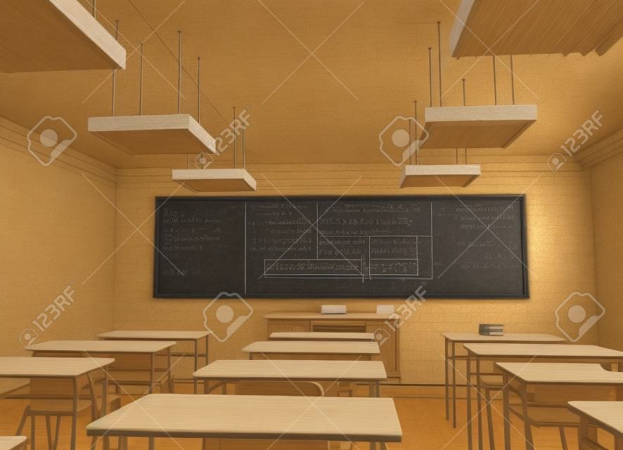 Rendu 3D d'une salle de classe classique, avec des formules mathématiques dans le noir