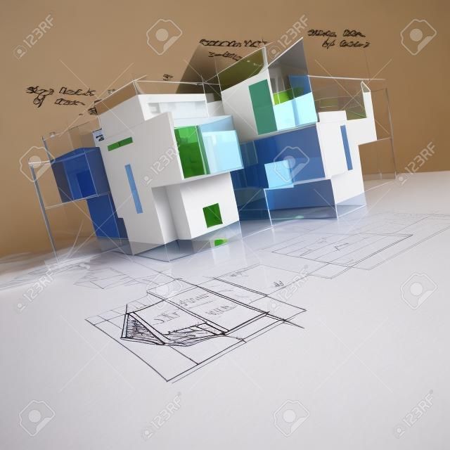 
3D rendering of a house project draft, with handwritten notes and drawings


