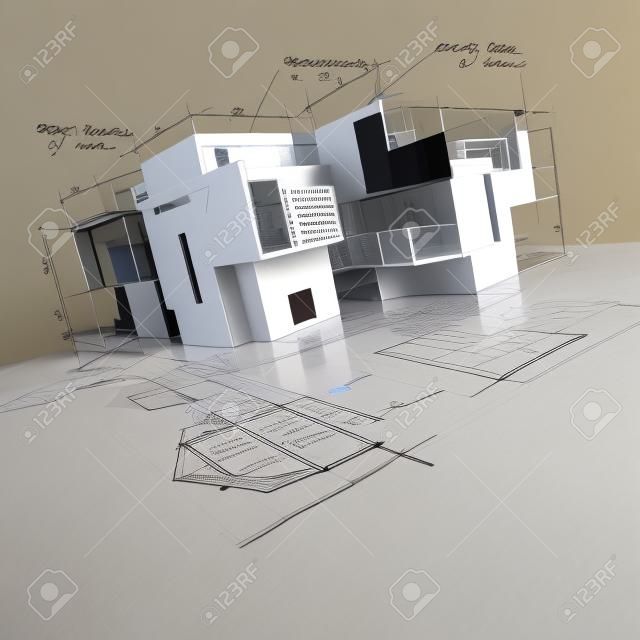 3D rendering di un progetto progetto di casa, con appunti scritti a mano e disegni