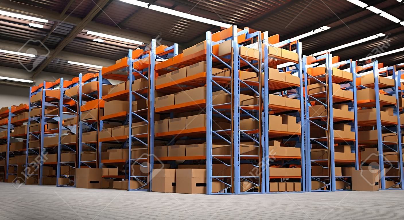 3D rendering of a distribution warehouse with shelves, racks, boxes ideal for backgrounds