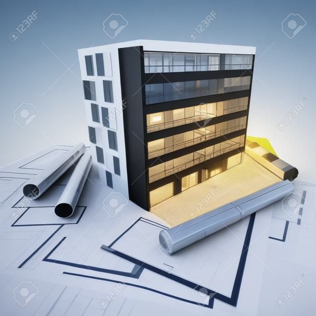 Representación 3D de un moderno edificio de apartamentos en la parte superior de los planos