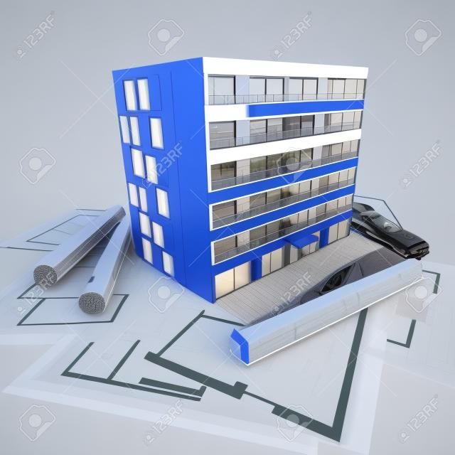 3D-Rendering eines modernen Mehrfamilienhauses an der Spitze von Blaupausen