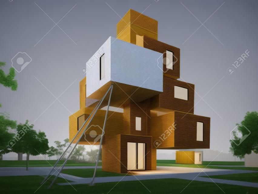 3D-Rendering eines futuristischen Haus Würfeln gebildet