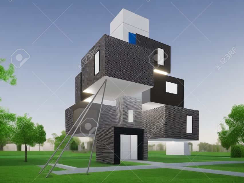 3D-Rendering eines futuristischen Haus Würfeln gebildet