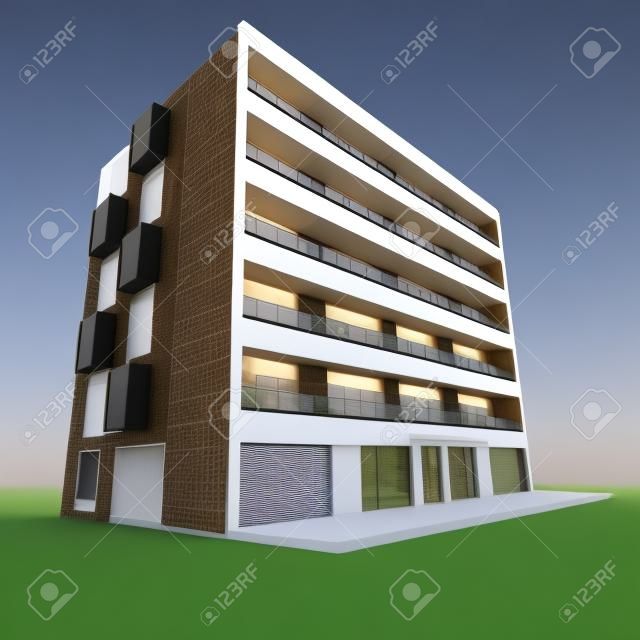 3D rendering van een modern appartementengebouw