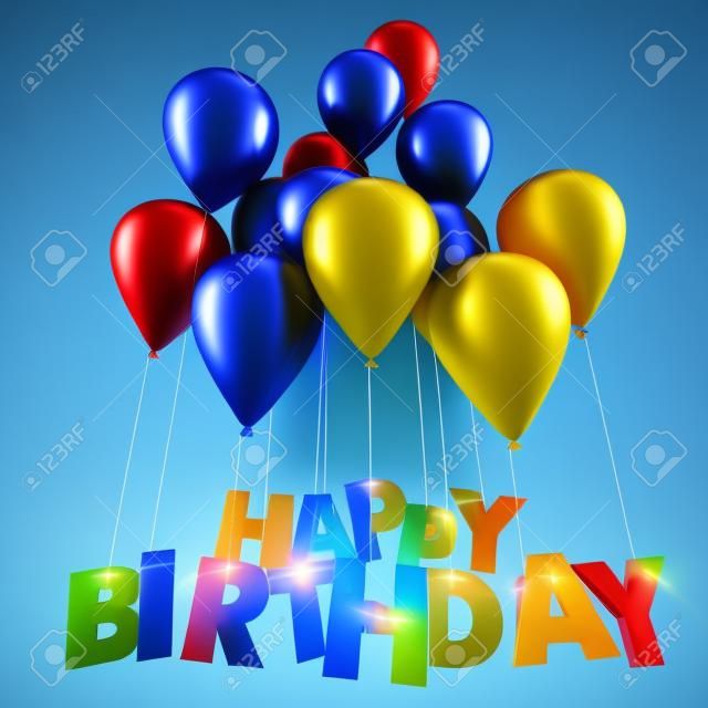 Representación 3D de un grupo de globos con el cumpleaños feliz palabras que cuelga de las cuerdas en tonos azul