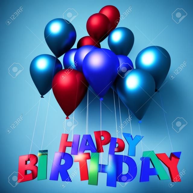 Representación 3D de un grupo de globos con el cumpleaños feliz palabras que cuelga de las cuerdas en tonos azul