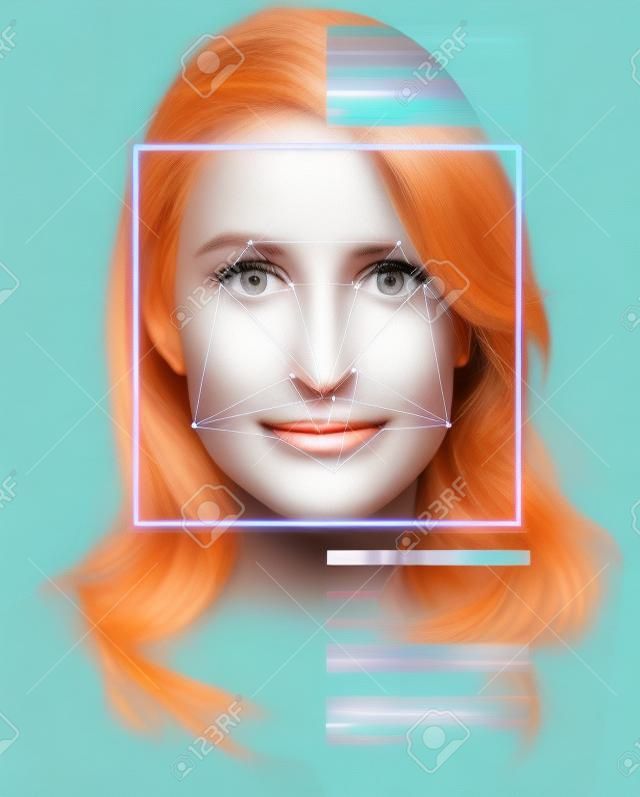Weibliches Gesicht mit Zeilen aus einer Gesichtserkennungs-Software
