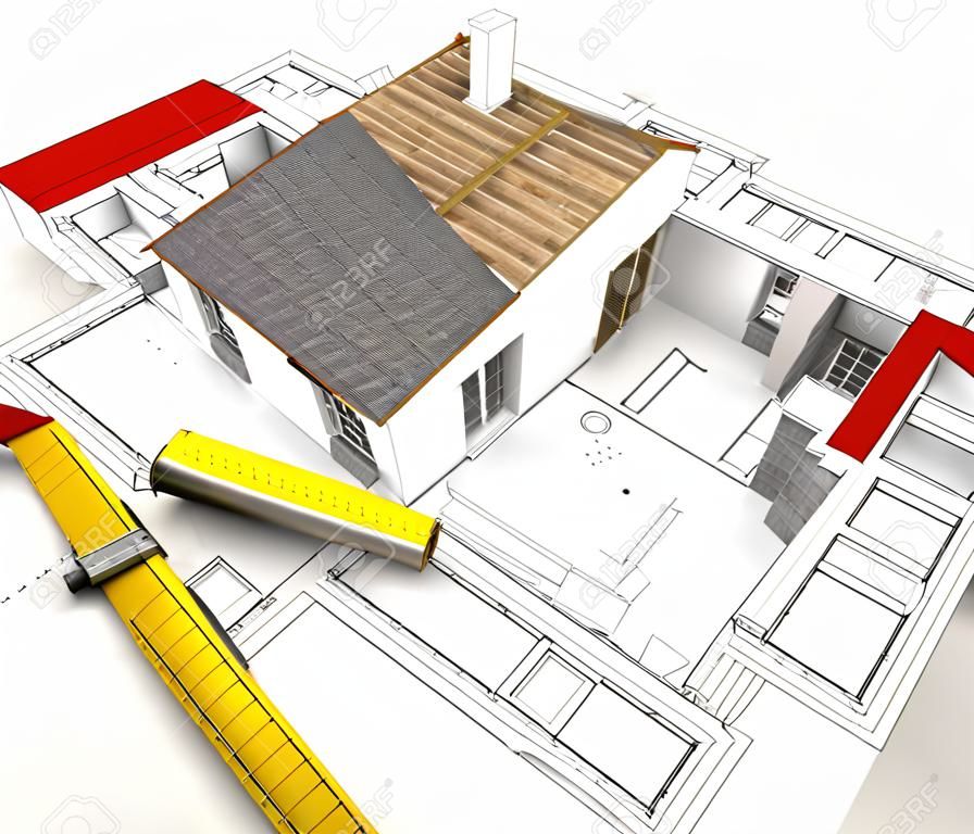 Aerial view of a house under construction, with blueprints and architect work tools